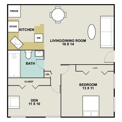 Floor plan for 2 beds, 1 bath, 825 sqft